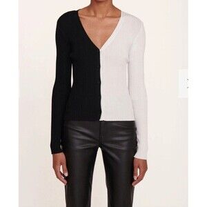 STAUD Cargo Color block Ripped Black And White Button Down Cardigan Pullover
